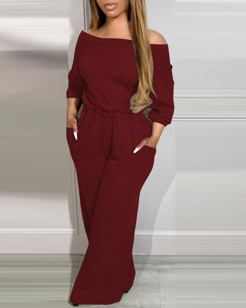 Off-Shoulder Jumpsuit with Elastic Waist, Pockets, and V-Back Design