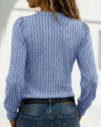 Asymmetrical Button Detail Ribbed V-Neck Long Sleeve Knit Tee