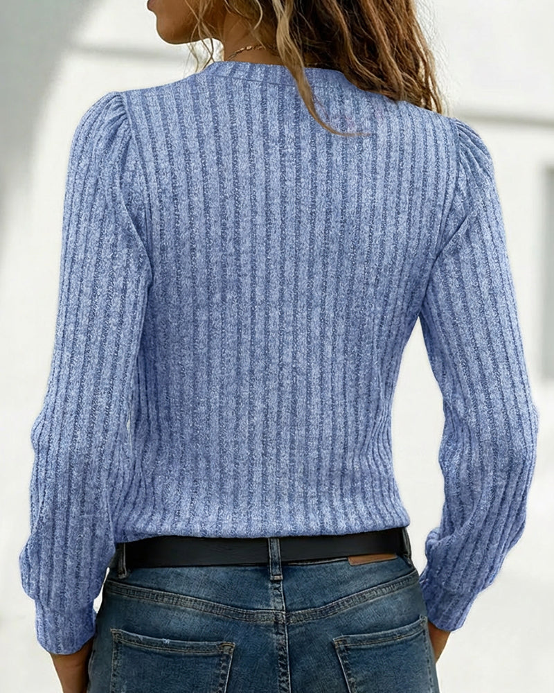 Asymmetrical Button Detail Ribbed V-Neck Long Sleeve Knit Tee