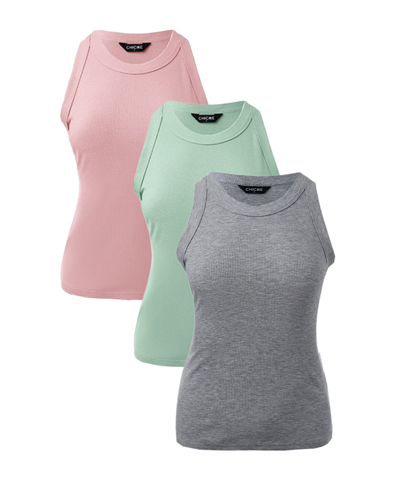 3-Pack Knit Racerback Tank Tops, Round Neck, Thick Straps