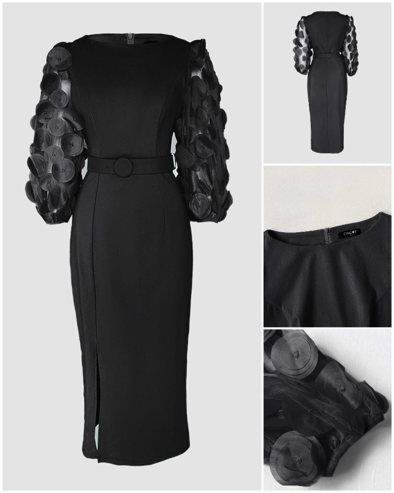 3D Polka Dot Mesh Lantern Sleeve Mid-Length Office Dress
