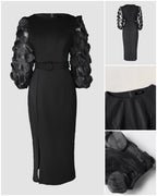 3D Polka Dot Mesh Lantern Sleeve Mid-Length Office Dress