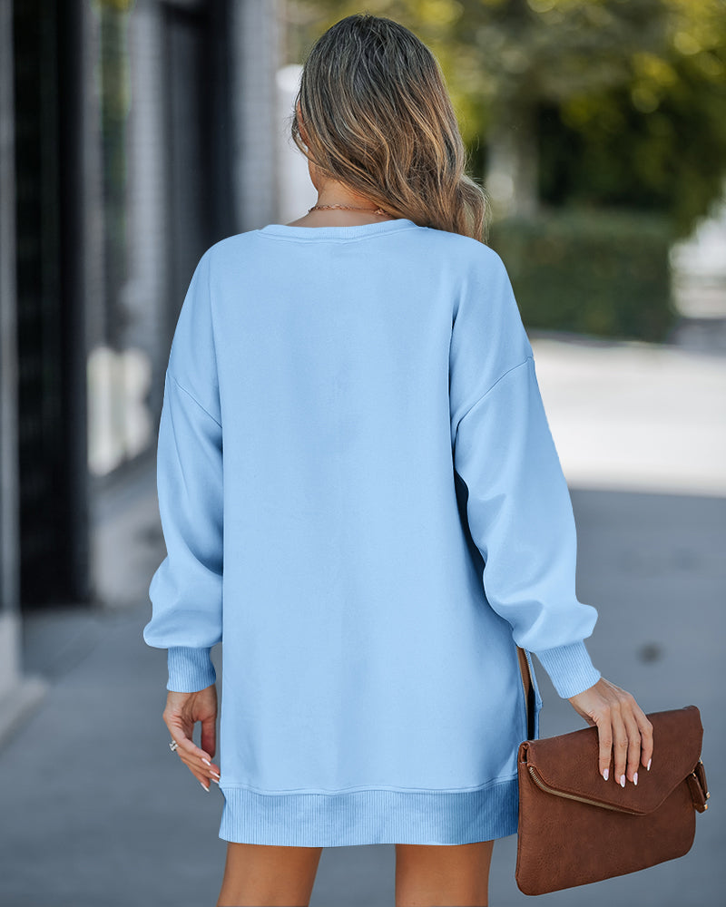 Drop Shoulder Zip-Side Long Sleeve Pullover with Slit Detail.