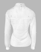Pearl-Embellished Mesh-Inset Ruched Tee with Open-Back Detail