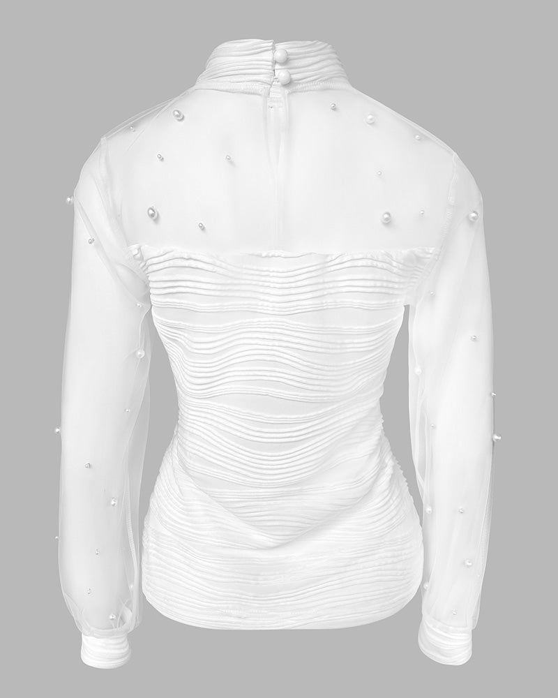 Pearl-Embellished Mesh-Inset Ruched Tee with Open-Back Detail