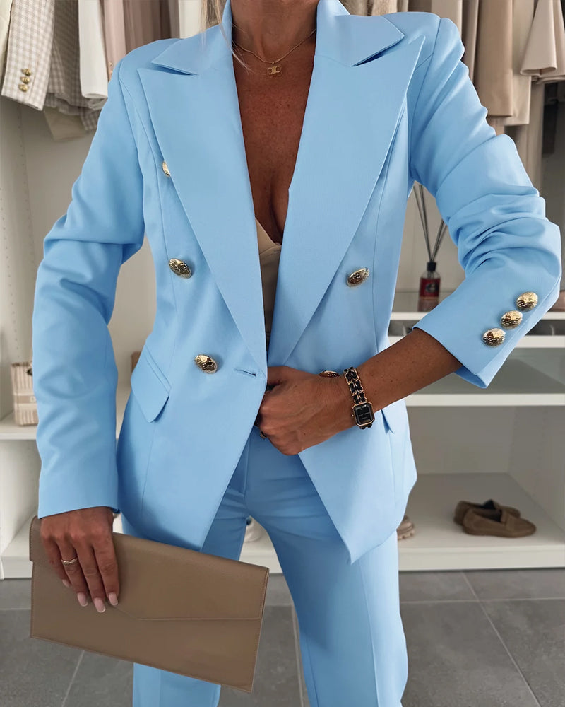 2-Piece Notched Collar Coat with Slim Fit Flared Pants Set