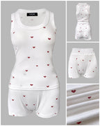 2-Piece Heart Pattern Ribbed Tank Top & Shorts Sleep Set