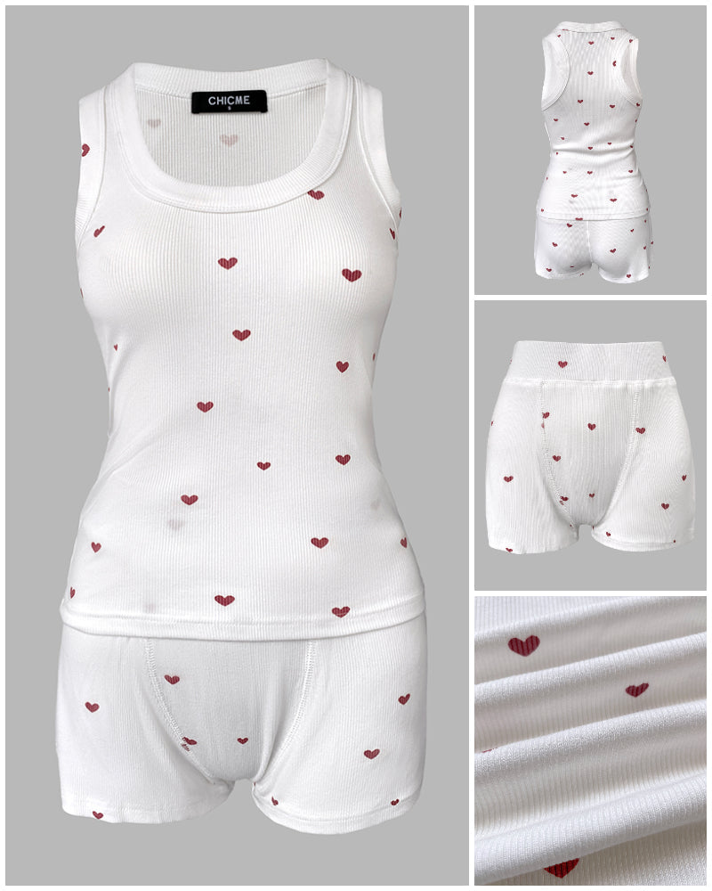 2-Piece Heart Pattern Ribbed Tank Top & Shorts Sleep Set