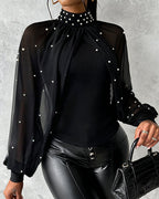 Pearl-Embellished High Neck Chiffon Tee with Draped Cape Sleeves