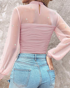 Pearl-Embellished Mesh-Inset Ruched Tee with Open-Back Detail