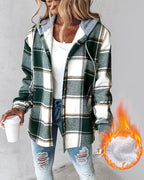 Hooded Plaid Shacket with Long Sleeves and Fleece Lining