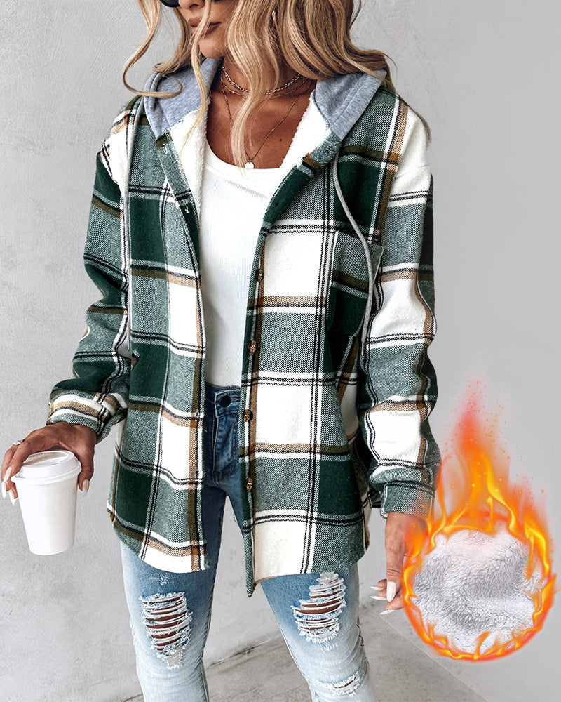 Hooded Plaid Shacket with Long Sleeves and Fleece Lining