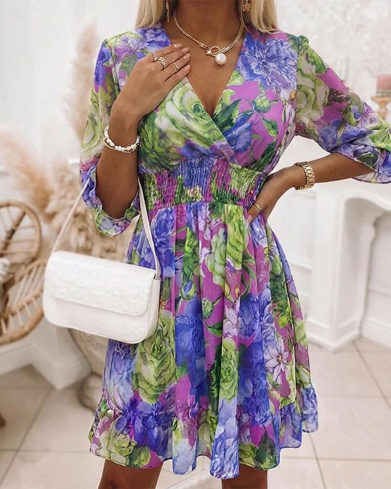Chiffon Floral V-Neck Dress with Ruffled Hem and Shirred Waist