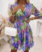 Chiffon Floral V-Neck Dress with Ruffled Hem and Shirred Waist