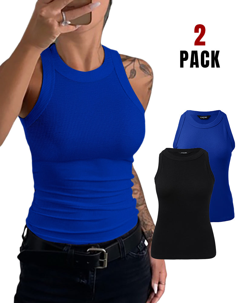 2-Pack Ribbed Racerback Tank Tops, Round Neck, No Bra Pads
