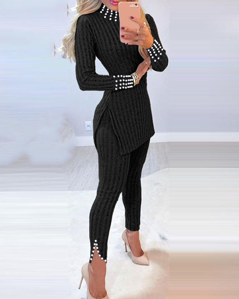 2-Piece Knit Top with Beaded Long Sleeves and Skinny Pants