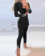 2-Piece Knit Top with Beaded Long Sleeves and Skinny Pants