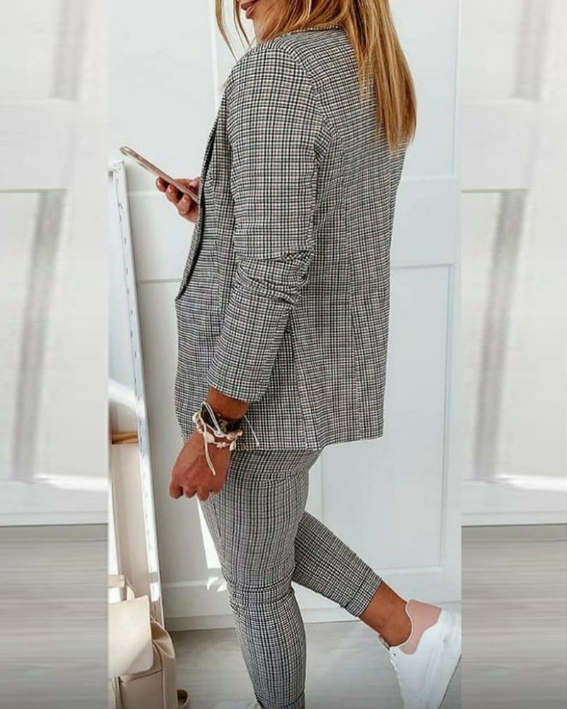 2-Piece Plaid Blazer with Notched Collar and Drawstring Pants Set