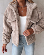 Striped Teddy Fleece Jacket with Buttons and Flap Pockets
