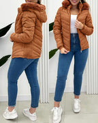 Fuzzy Trim Hooded Puffer Jacket with Shirred Zipper Pockets