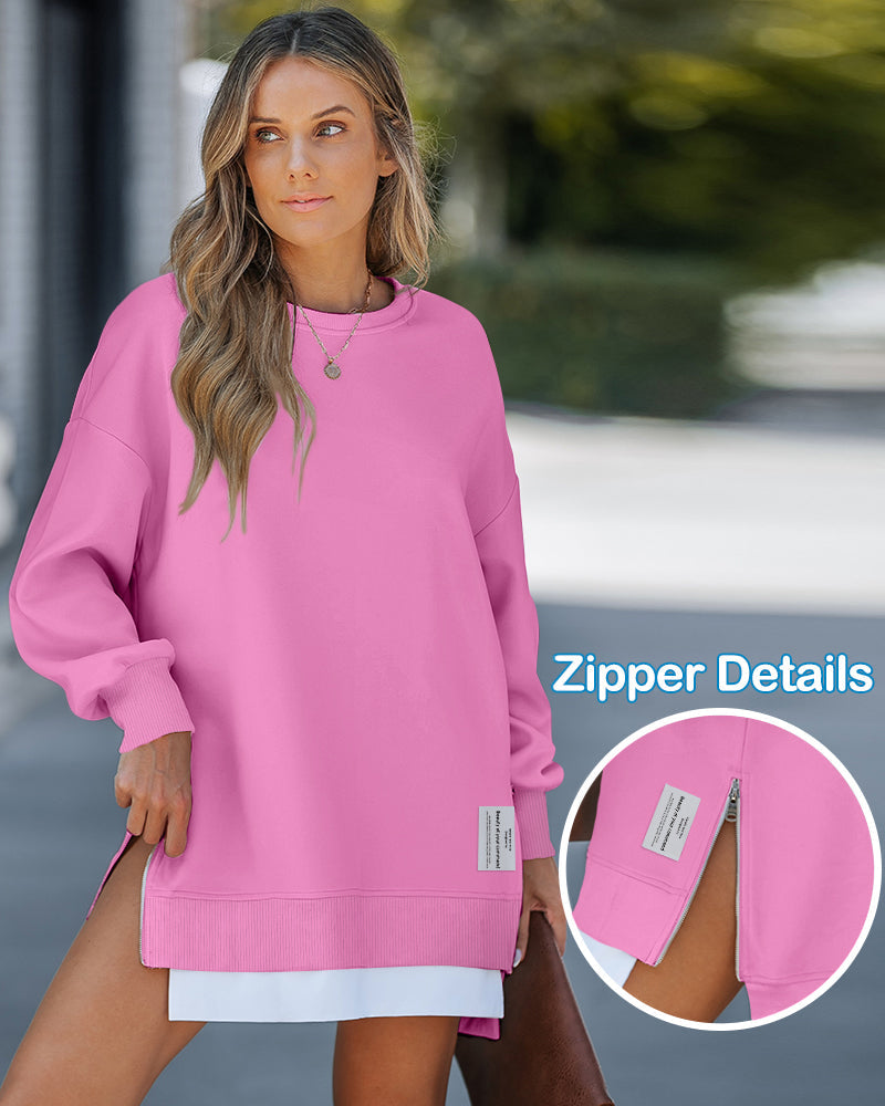 Drop Shoulder Zip-Side Long Sleeve Pullover with Slit Detail.