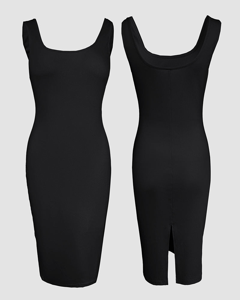 2-Piece U-Neck Tank Dress with Pearl-Button Baseball Coat Set