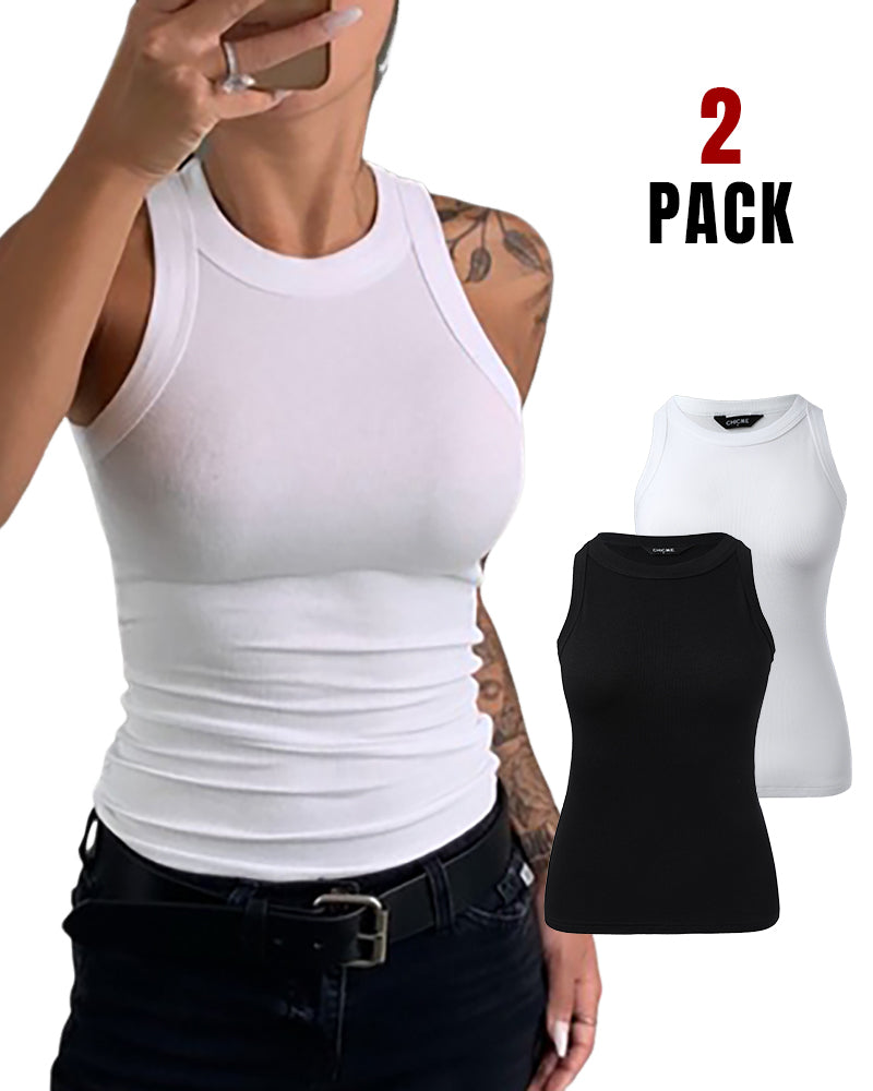 2-Pack Ribbed Racerback Tank Tops, Round Neck, No Bra Pads