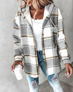Hooded Plaid Shacket with Long Sleeves and Fleece Lining