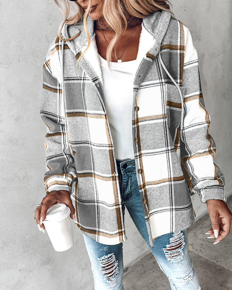 Hooded Plaid Shacket with Long Sleeves and Fleece Lining