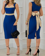 Square Neck Sleeveless Dress with Bowknot and Mid-Calf Slit