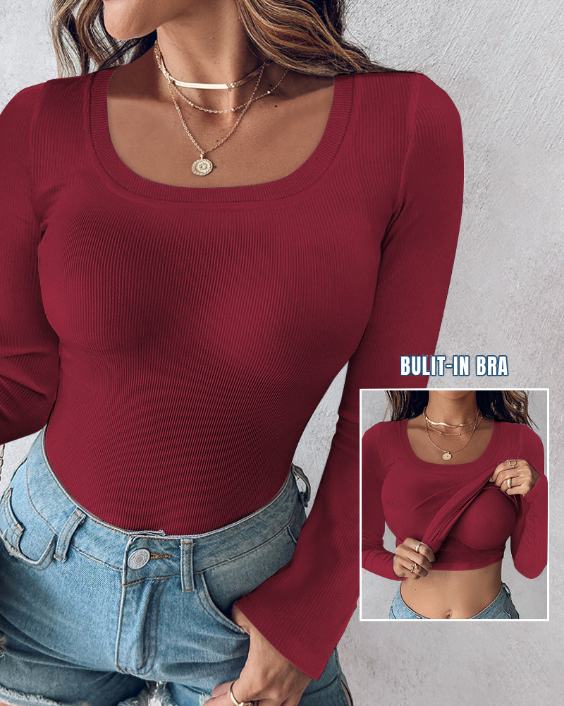 U-Neck Long-Sleeve Ribbed Top Featuring Integrated Bra Support