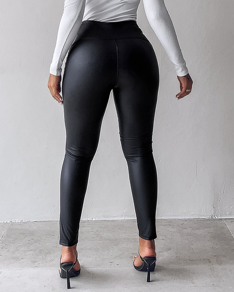 Curveease High-Waist Fleece-Lined PU Leather Casual Leggings
