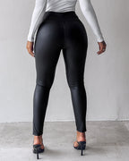 Curveease High-Waist Fleece-Lined PU Leather Casual Leggings