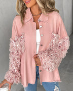 Collared Denim Coat with Sequins, Fuzzy Trim, and Pockets