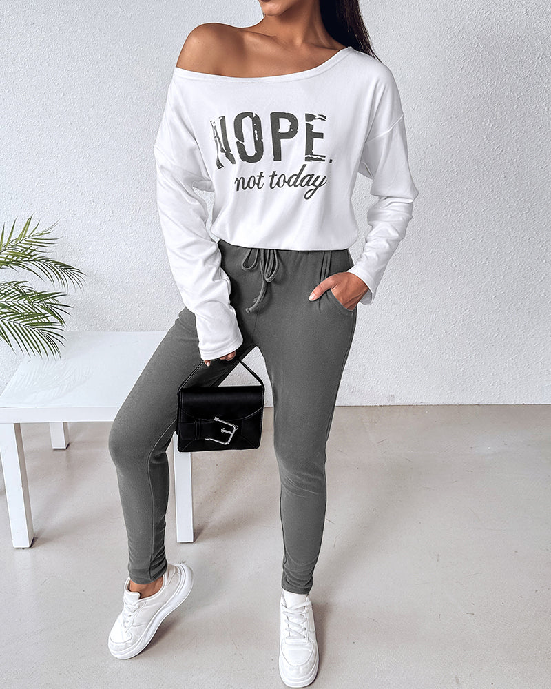 "Nope. Not Today" Asymmetric Neckline Top and Fitted Pants Set