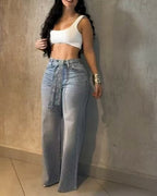 High-Waist Flared Jeans with Rhinestone Details and Decorative Belt
