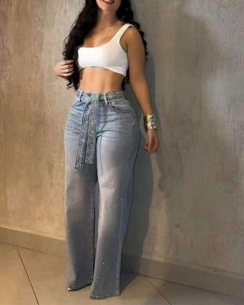 High-Waist Flared Jeans with Rhinestone Details and Decorative Belt