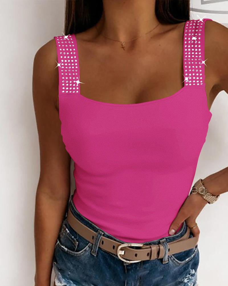 Thick Strap Tank Top with Rhinestone Embellishments