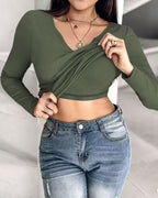 Rib Knit Notch Neck Long Sleeve Top with Built-In Bra