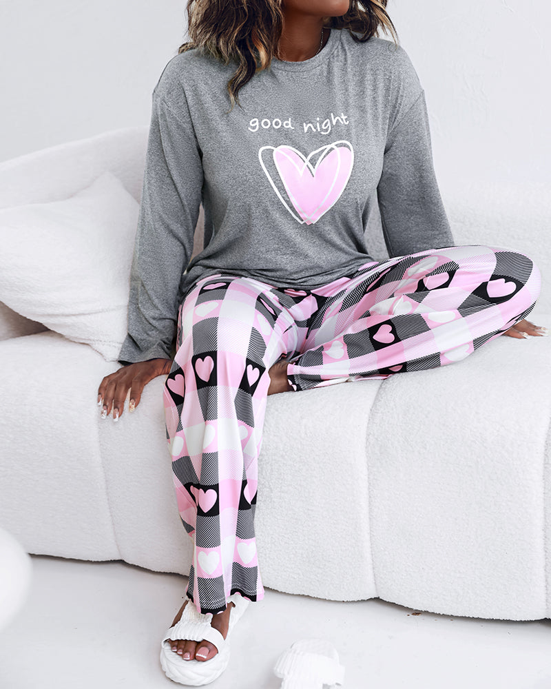 "Sweet Dreams" Heart Print Top with Plaid Pajamas, 2-Piece Set