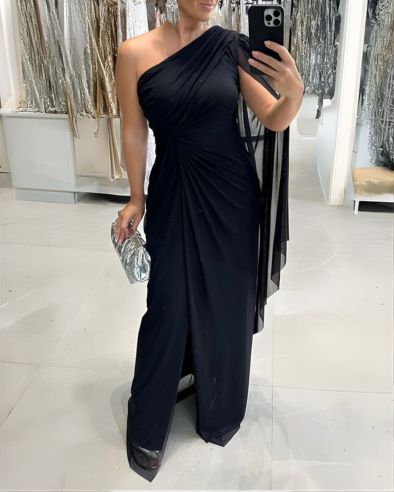 One-Shoulder Mesh Cloak Sleeve Dress with Ruched Waist and Slit