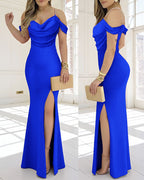 Pearl Strap Cowl Neck Bodycon Dress with High Slit Evening