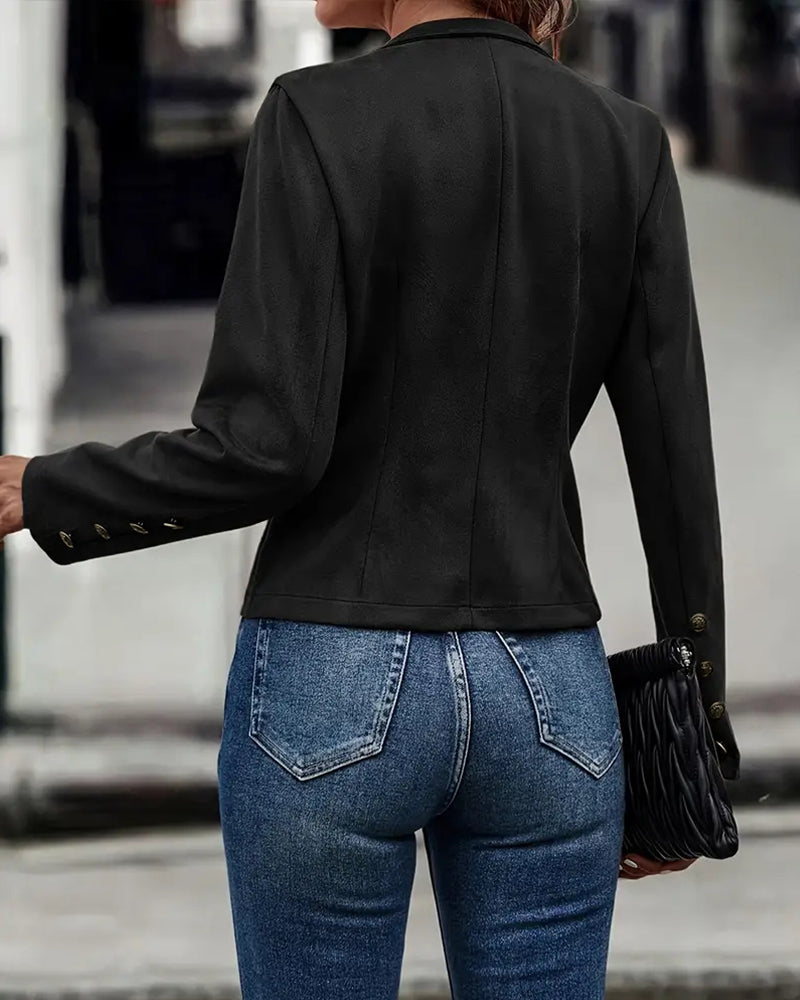 Faux Suede Jacket with Stand Collar and Button-Up Front