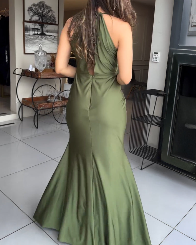 Satin Sleeveless Mermaid Dress with Hollow-Out Twist Front Detail