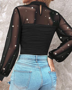 Pearl-Embellished Mesh-Inset Ruched Tee with Open-Back Detail
