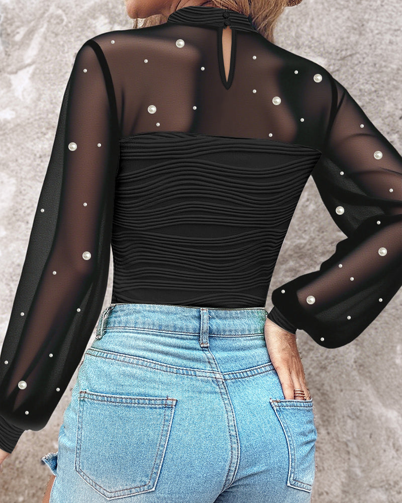 Pearl-Embellished Mesh-Inset Ruched Tee with Open-Back Detail