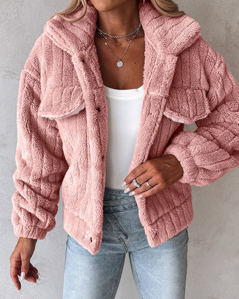 Striped Teddy Fleece Jacket with Buttons and Flap Pockets