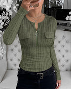 Long Sleeve Half Zip Ribbed Tee with Flap Detail