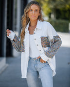 Raw Hem Sequin Patchwork Denim Shacket with Button Front