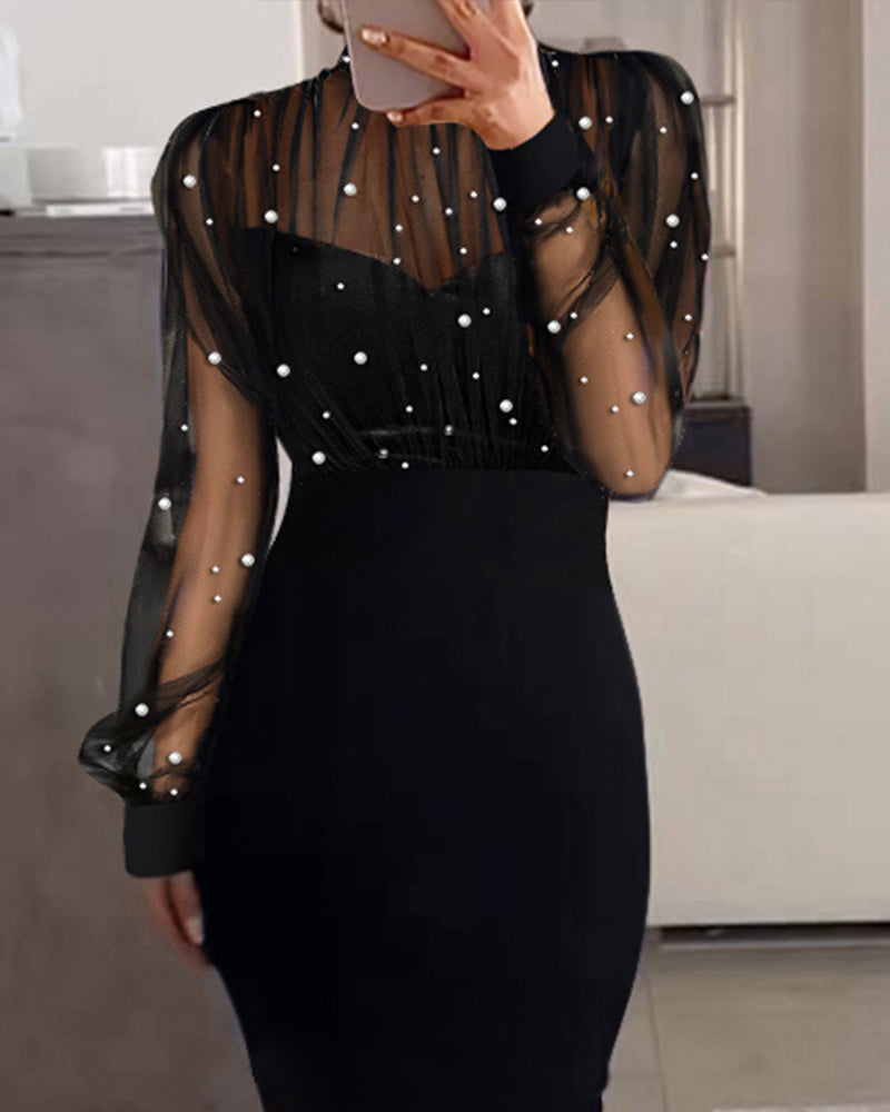 Mock Neck Beaded Mesh Bodycon Dress with Rear Zipper